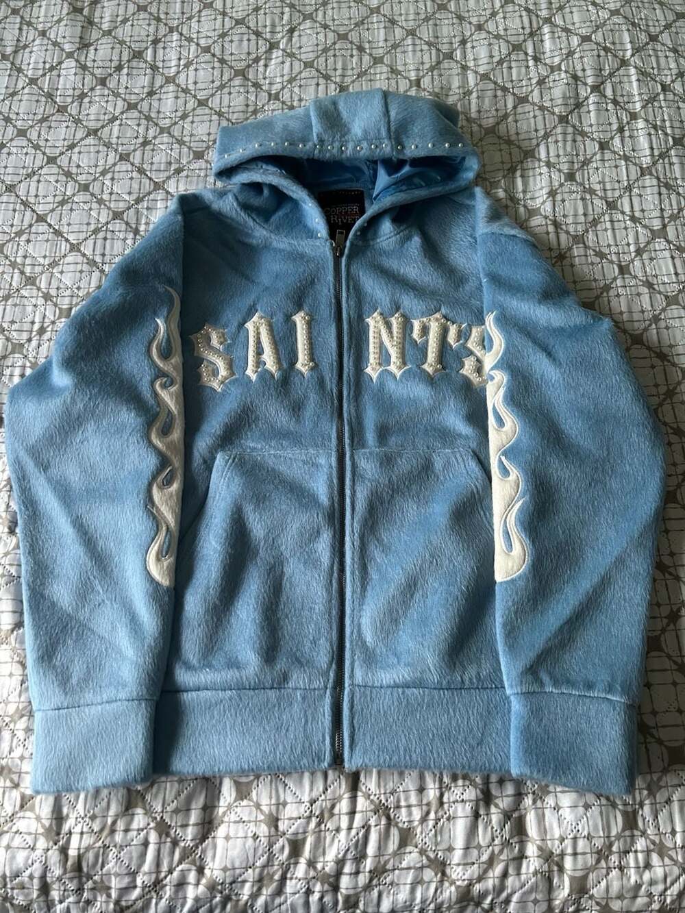 Copper Rivet Saints Faux Fur Zip-Up Hoodie Light Blue 2XL